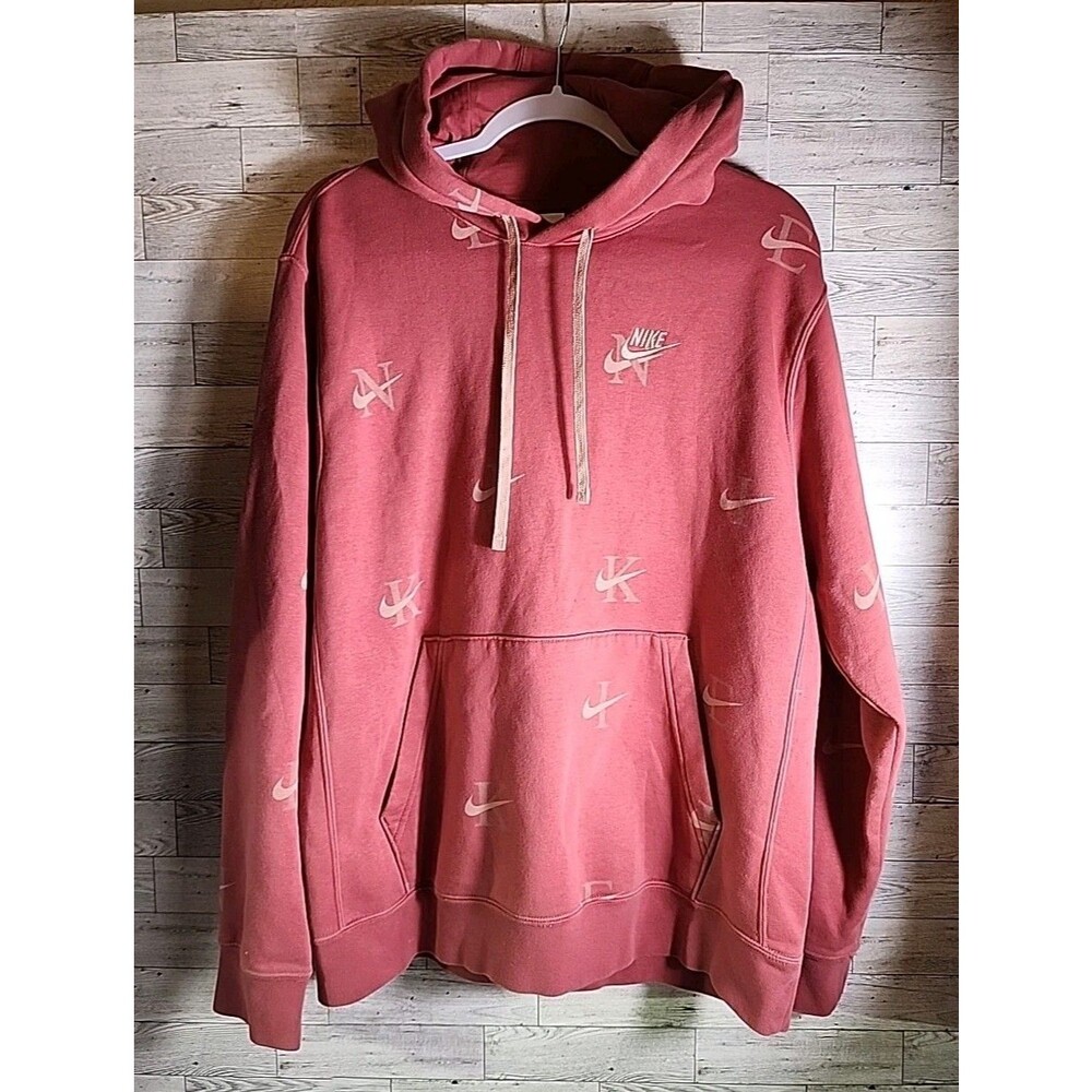 Men's Nike Sportswear Club Hoodie Pink Rare Monogram Logo Pullover Sweatshirt L